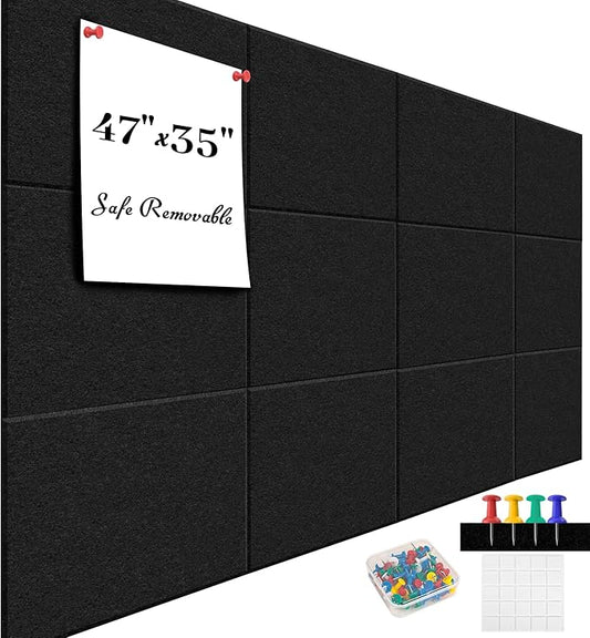 Large Office Cork Board Alternative - 47"x35"12 Pack Felt Wall Tiles Self-Adhesive Safe Removable No Damage for Wall Pin Board Tack Board Felt Cork Board for Walls or Office 48 x 36