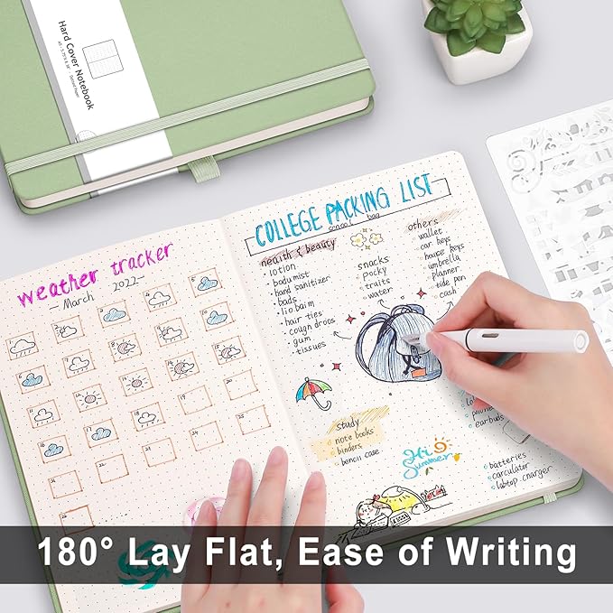 AHGXG Bullet Dotted Journal - 320 Numbered Pages Dot Grid Notebook A5 Thick Journal, 100gsm Thick Dotted Paper, Leather Hardcover,Inner Pocket, 5.75'' × 8.38''-LightGreen