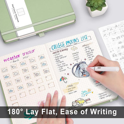 AHGXG Bullet Dotted Journal - 320 Numbered Pages Dot Grid Notebook A5 Thick Journal, 100gsm Thick Dotted Paper, Leather Hardcover,Inner Pocket, 5.75'' × 8.38''-LightGreen