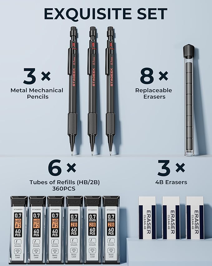 0.7mm Mechanical Pencil Set, 3PCS Metal Mechanical Pencils 0.7mm with 6 Tubes HB & 2B Lead Refills,Erasers, Weatherproof Artist Pencils with Case for Outdoor Writing Drafting Drawing
