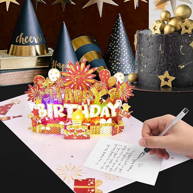 Birthday Card | Musical Pop Up Greeting Card w Light | Blow Out LED Light Candle & Play Happy Birthday Music Pop Up Card | Greeting Cards Gifts for Him or Her | Red Gold (Blowable Candle)