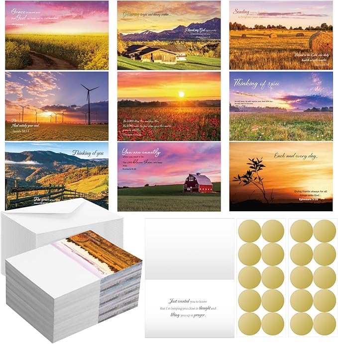 100 Pack Religious Thinking of You Cards Bulk Set with Envelopes Stickers 10 Floral Landscape Designs Assort Christian Thinking of You with Greeting Card Scripture Inspirational Blessing 4 x 6