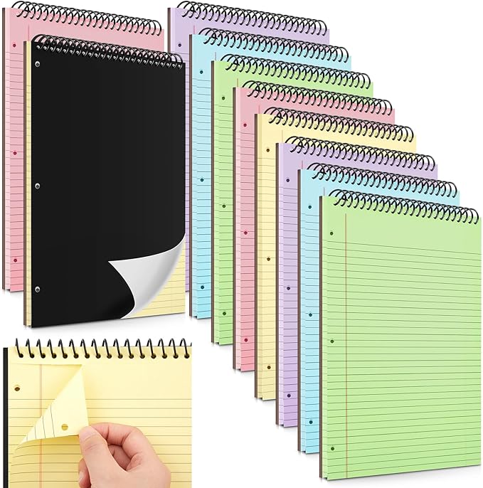 10 Pcs Legal Pads 3 Hole Punched Top Bound Spiral Notebook Tear Line for Easy Removal 8.5 x 11 in Hard Cardboard Paper College Ruled Notepad Spiral Note Pad for Office School (Multicolor)