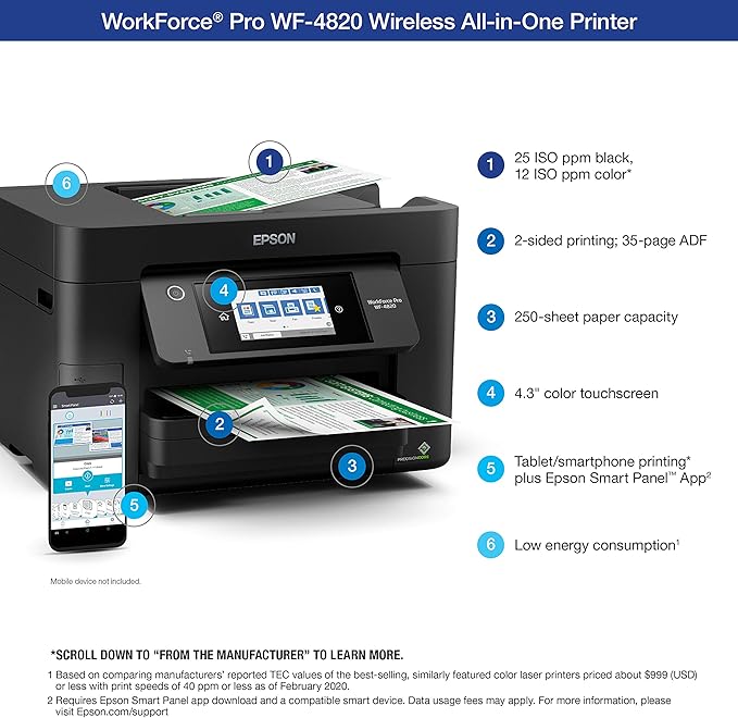 Epson® Workforce® Pro WF-4820 Wireless Color Inkjet All-in-One Printer, Black, Large & T252 DURABrite Ultra Ink High Capacity Black & Standard Color Cartridge Combo Pack (T252XL-BCS)
