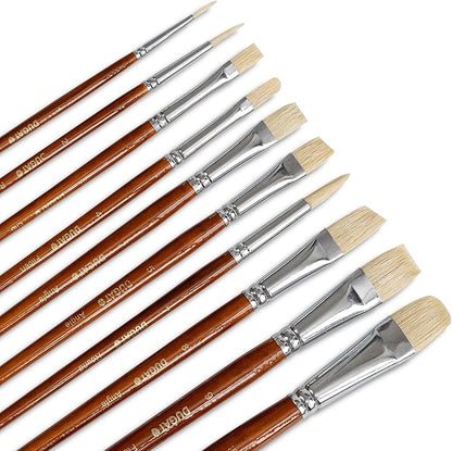 10pcs White Hog Hair Artist Paint Brush Set by DUGATO Perfect for Acrylic Oil Gouache Watercolor, Painting Brushes Kit for Kids, Adults Fabulous for Canvas & Fabric