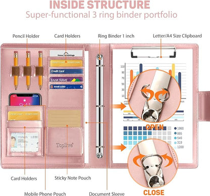 Toplive Portfolio 3 Ring Binder Padfolio Folder, Business Interview Resume Portfolio for Women Men A4/Letter Size Document Organizer with Clipboard Receipt Sleeve Card Holder, Rose Gold