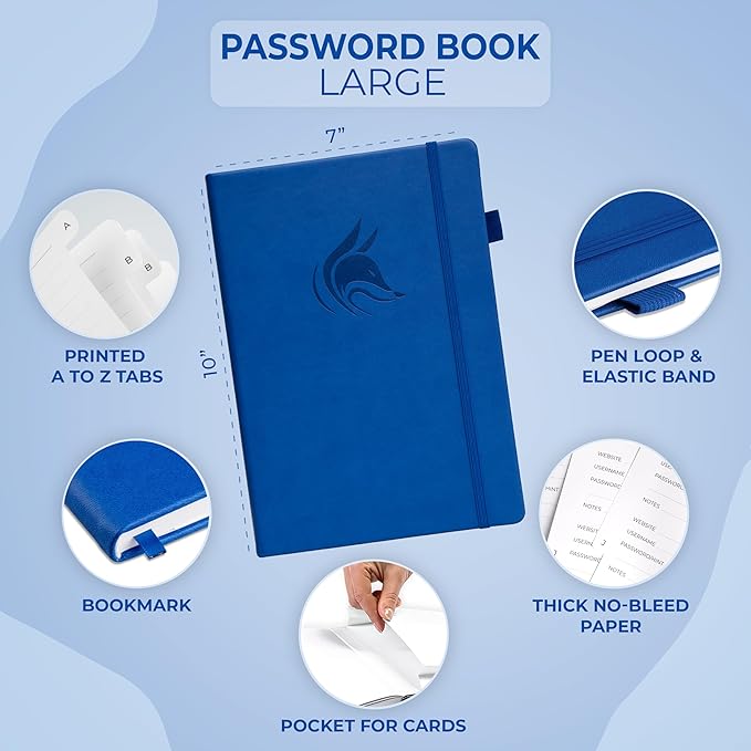 Clever Fox Password Book with Alphabetical tabs. Internet Address Organizer Logbook. Large Password Keeper for Website Logins (Royal Blue)