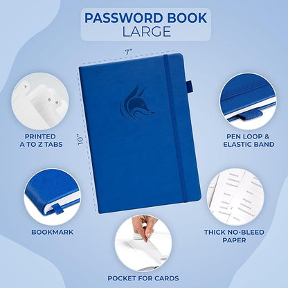 Clever Fox Password Book with Alphabetical tabs. Internet Address Organizer Logbook. Large Password Keeper for Website Logins (Royal Blue)
