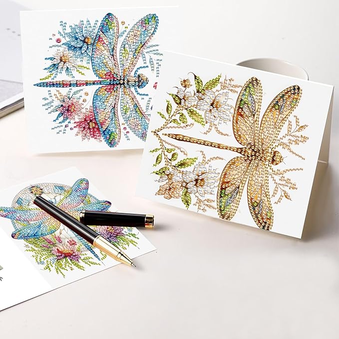 Tontut 6pcs Diamond Art Painting Kit Greeting Card, Colourful Dragonfly 5D DIY Diamond Handmade Holiday Glitter Greeting Card with Envelope, Holiday Gift Congratulation