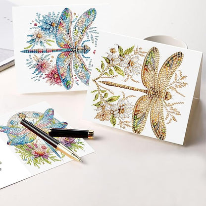 Tontut 6pcs Diamond Art Painting Kit Greeting Card, Colourful Dragonfly 5D DIY Diamond Handmade Holiday Glitter Greeting Card with Envelope, Holiday Gift Congratulation