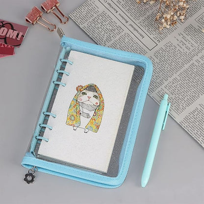 Multibey A5 Binder Cover Clear Soft PVC 6-Ring Binder Budget Evelopes System with Zipper Planner Organizer Refillable Notebook Journal Binder (Blue, A6)