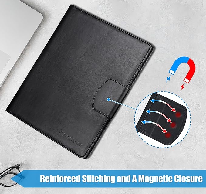 A4 Padfolio Clipboard Folder Portfolio,PU Leather Interview Resume Folder with Magnetic,Document Organizer,Business Card Holder,Letter-Sized Notepad Legal Pad Holder for Men Women School Office,Black