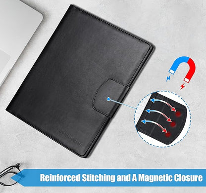 A4 Padfolio Clipboard Folder Portfolio,PU Leather Interview Resume Folder with Magnetic,Document Organizer,Business Card Holder,Letter-Sized Notepad Legal Pad Holder for Men Women School Office,Black