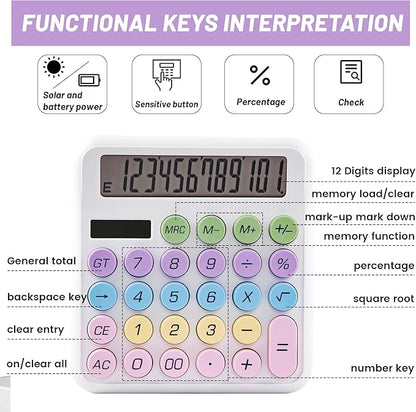 Golcellia Calculators Desktop, White Mechanical Calculator, Cute Calculator 12 Digit Desk Basic Calculator Large Display, Dual Power Solar Battery, Office Home School Supplies for Adults & Students