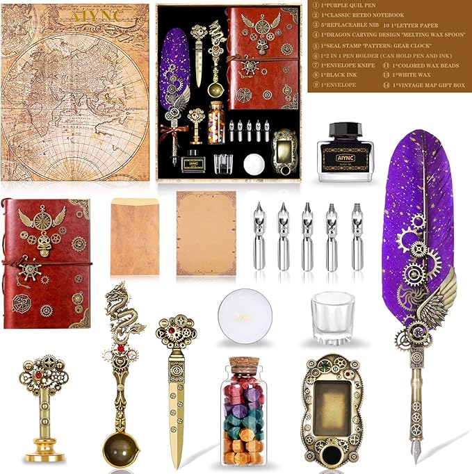 Quill Pen Ink Set, Feather Pen Ink Set With Quill Pen, Notebook, 5 Replaceable Nibs, Seal Stamp, Spoon, Wax Beads, White Wax, Ink, Pen Holder, Cup, Envelope, Letter Paper, Envelope Tool(Purple)