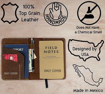 Leather Cover for Field Notes, Passport Cover, Leather Notebook Cover for 3.5" x 5.5" with Pen Holder, Only Cover (Oak)
