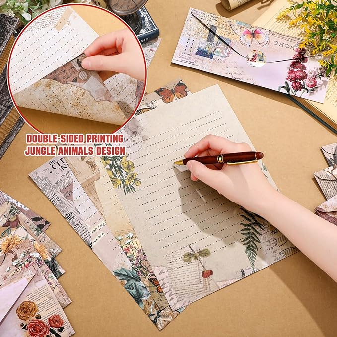 TaoBary 160 Packs Stationery Paper Set (50 Double Sided Stationery Writing Papers 50 Matching Envelopes) 60 Round Dot Sticker, 10 Design(8.5 x 11 Inch,Nature Vintage Style)