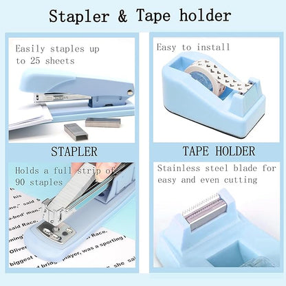Blue Office Desk Accessories Supplies, 10pcs Desk Organizers and Accessories with Tape Dispenser and Stapler,Staples,Scissor,Ruler,Sticky Tabs,Tape,Ballpoint Pen,Clips Set