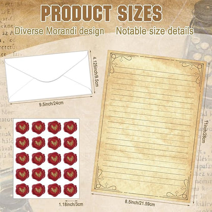 TaoBary 160 Packs Stationery Paper Set (50 Double Sided Stationery Writing Papers 50 Matching Envelopes) 60 Round Dot Sticker, 10 Design(Retro,8.5 x 11 Inch)