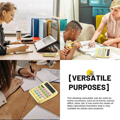 Golcellia Calculators Desktop, Yellow Mechanical Calculator, Cute Calculator 12 Digit Desk Basic Calculator Large Display, Dual Power Solar Battery, Office Home School Supplies for Adults & Students