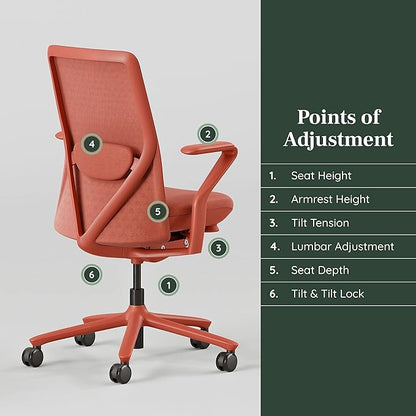 Branch Verve Chair - High Performance Executive Office Chair with Contoured Seat Back and Adjustable Lumbar Rest - High Density Foam Cushion with Aluminum Base - Up to 275 lbs - Coral