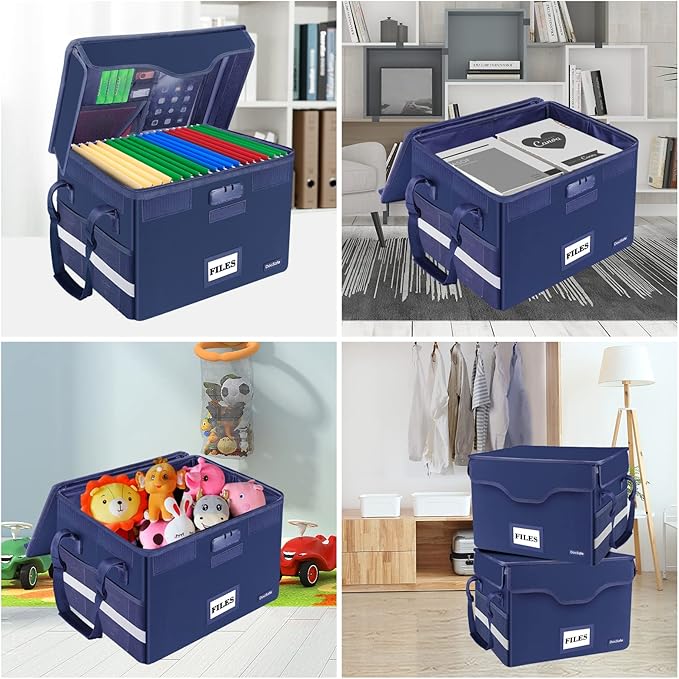 DocSafe File Box Fireproof Document Box with Lock,File Storage Organizer Box with Insert Pockets,Collapsible Portable File Box Home Office File Cabinet Safe for Hanging Letter/Legal Folder,Blue,2 Pack