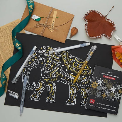 White Gold and Silver Gel Pen Set, 1mm Extra Fine Point Pens Gel Ink Pens Opaque Archival Ink Pens for Black Paper Drawing, Sketching,Card Making, Illustration, Bullet Journaling, 8 Pack