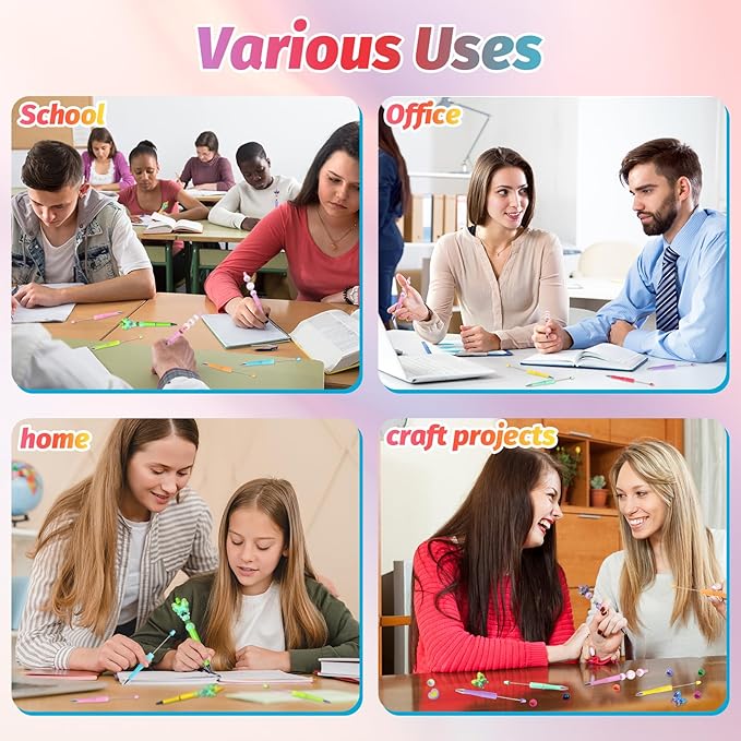 15 Pieces Beadable Pens - Beaded Pens Sweet Plastic Diy Black Ink Ballpoint Pens Bulk - Bead Pens Suitable For Teacher, Students, Office, School, Graduation Gift Supplies