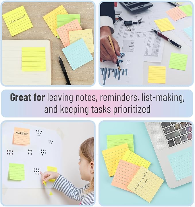 Mr. Pen Lined Sticky Notes - 3x3, 6 Pads, 45 Sheets, Pastel Colors