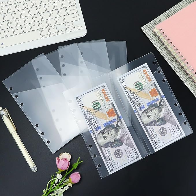 A6 Binder Pockets with No Zipper, Koqye Blue 10 Pcs Plastic Zipless Budget Envelopes, Two Pockets Frosted Cash Envelopes Money Bag for Budgeting, Cash Stuffing (Clear)