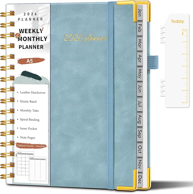 2026 Planner, Weekly and Monthly Calendar Planner from January 2026 - December 2026, 5.75" x 8.38" Hardcover Leather Hourly Appointment Book with Tabs, A5 Spiral Daily Planners for College School Work Home, Blue