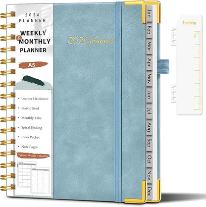 2026 Planner, Weekly and Monthly Calendar Planner from January 2026 - December 2026, 5.75" x 8.38" Hardcover Leather Hourly Appointment Book with Tabs, A5 Spiral Daily Planners for College School Work Home, Blue