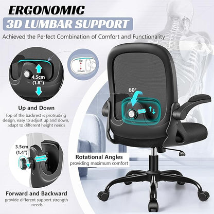 Office Chair Ergonomic Desk Chair with Adjustable 3D Lumbar Support and Height, Comfy Mesh Computer Chair with Flip-up Armrests, Swivel Rolling Task Chair with Wheels for Home Office (Black)