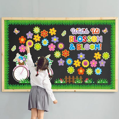 Kosiz Spring Bicycle Bulletin Board Decorations Set Flower Butterfly Bike Paper Cutouts Watch Us Blossom Bloom Classroom Decorations with Green Borders for School Chalkboard Wall Door Home