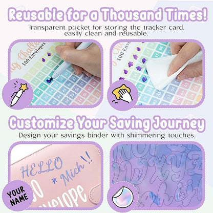 Axolotl 100 Envelopes Money Saving Challenge Binder, A5 Savings Budget Challenges Binders with Cash Envelopes, 100 Days Envelope Saving Binder Book, Budget Planner (Matt Purple)