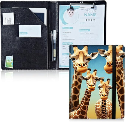 Padfolio Folder with Clipboard,Portfolios Organizer Clipboards with Storage Clipboard Writing Pad PU Leather Conference Document Organizer with Business Card Holder,Giraffe