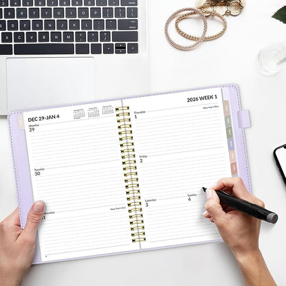 SUNEE 2026 Weekly & Monthly Planner 6.4"x8.5"- 12 Month (January 2026 - December 2026), Vegan Leather Cover, Pocket, Bookmark, Notes, Monthly Tab, Purple