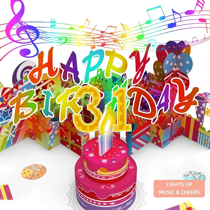 Gumry 31ST Musical Birthday PopUp Card, Blowable Colorful Light Candle 3D Cards with Song, Applause Cheers Sound, Greeting Cards Birthday Gifts Decorations for Women Men Turning 31 Years Old