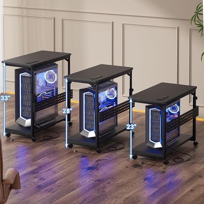 Computer Tower Stand with Power Strips, Height Adjustable PC Tower Stand/Cart with Wheels, Mobile Rolling CPU Holder, Computer Cart Side Stand for Computer Desk, 32", Carbon Fiber Black