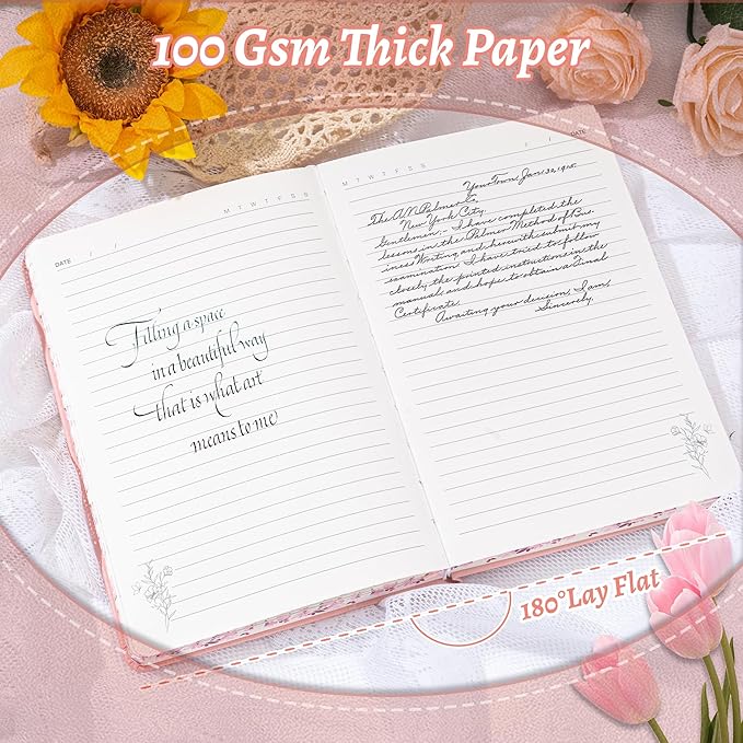 Lined Journal Notebook for Women 320 Pages Thick Floral Diary A5 Aesthetic Hardcover Journaling Notebooks for Writing with Gift Box, 5.7 x 8.3 In, Pink