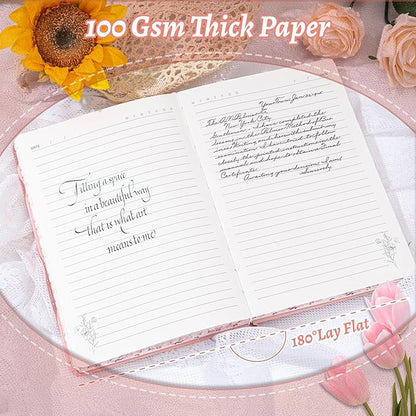 Lined Journal Notebook for Women 320 Pages Thick Floral Diary A5 Aesthetic Hardcover Journaling Notebooks for Writing with Gift Box, 5.7 x 8.3 In, Pink
