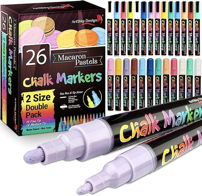 26 Macaron Pastel Chalk Markers Double Pack of Both Fine & Reversible Medium Tip Liquid Chalk Pens Wet Erase Menu Boards, Windows, Classrooms, Mirrors, Non-Porous Chalkboards, Plastic, Metal