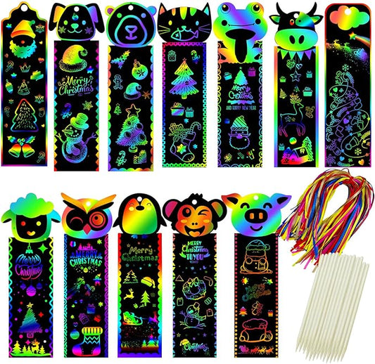 100 Sets Scratch Art Bookmarks Making Kit for Kids, Scratch Paper DIY Animal Bookmarks Bulk with 100 Pcs Ribbons and 100 Pcs Wood Stylus for Classroom Activities Party Favors, 13 Styles(B)