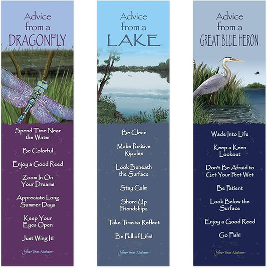 Advice from Nature 3 Bookmark Zen Set, Laminated with Glossy Finish, Printed on Recycled Paper - Great Blue Heron, Lake, Dragonfly (AMBM-ZEN)