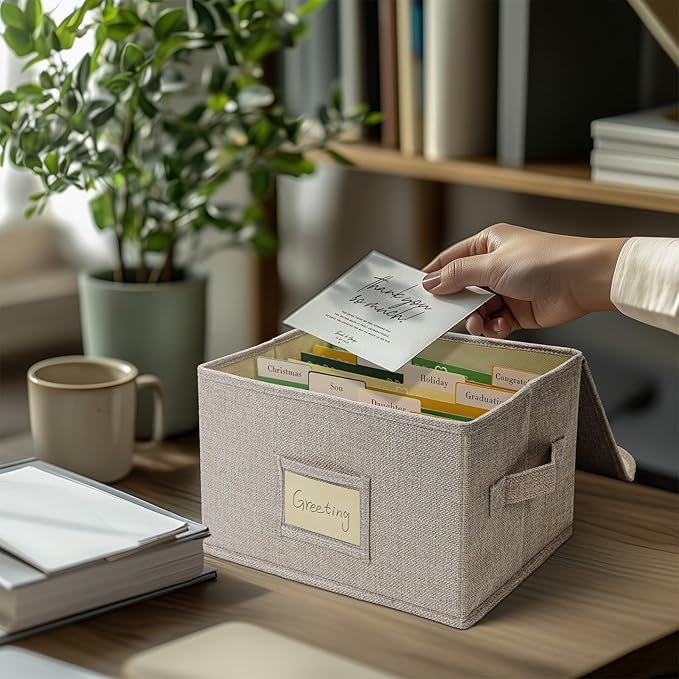 Vienrose Greeting Card Organizer Storage Box with 20 Removable Dividers, 84 Self-stick Labels, Perfect for Photos, Envelopes, Scrapbooking, Paper, Stickers Holder 2 Pack Beige