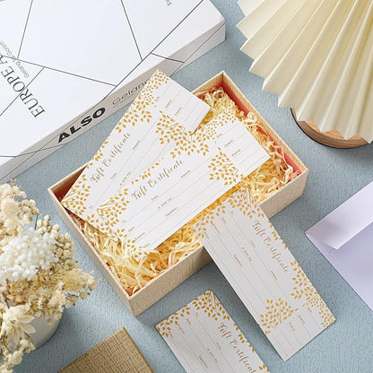 Sinmoe 50 Sets Gift Certificate for Business with 50 Pcs Envelopes Blank Gift Certificate Cards with Name and Address Rustic for Beauty Salon Restaurants Birthday(4.72 x 2.36 Inch, Branch Style)