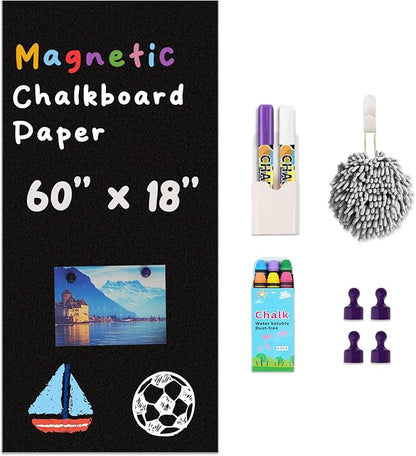Magnetic Chalkboard Contact Paper for Wall 60" x 18" Self Adhesive Blackboard Wallpaper Peel and Stick Chalk Board Wall Decal Roll with 14 Chalk for Kids Home Playroom Classroom