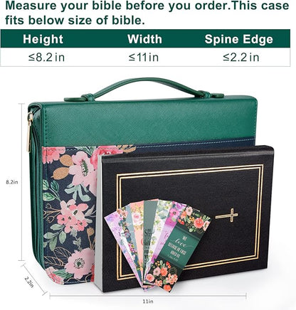Bible Cover Case for Women with 7 Beautiful Paper Bookmarks Floral PU Leather Bible Cover Bag with Pockets and Zipper for Standard and Large Size Study Bible 10.8"x7.8"x2" (Dark Green)