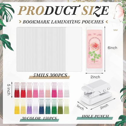 Fuyoooo 601 Pcs DIY Bookmark Making Kit 2.36 x 6.3 Inches Bookmark Laminating Pouches 5 Mil Hot Laminator Sleeves with Rainbow Tassels and Puncher Fit Most Pouch Laminating Machines