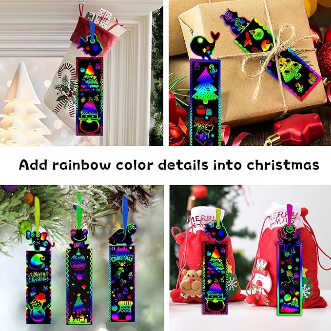 100Pcs Scratch Art Bookmarks Making Kit for Kids, Scratch Paper DIY Animal Bookmarks Bulk with 100 Pcs Ribbons and 100 Pcs Wood Stylus for Classroom Activities Craft Supplies Party Favors